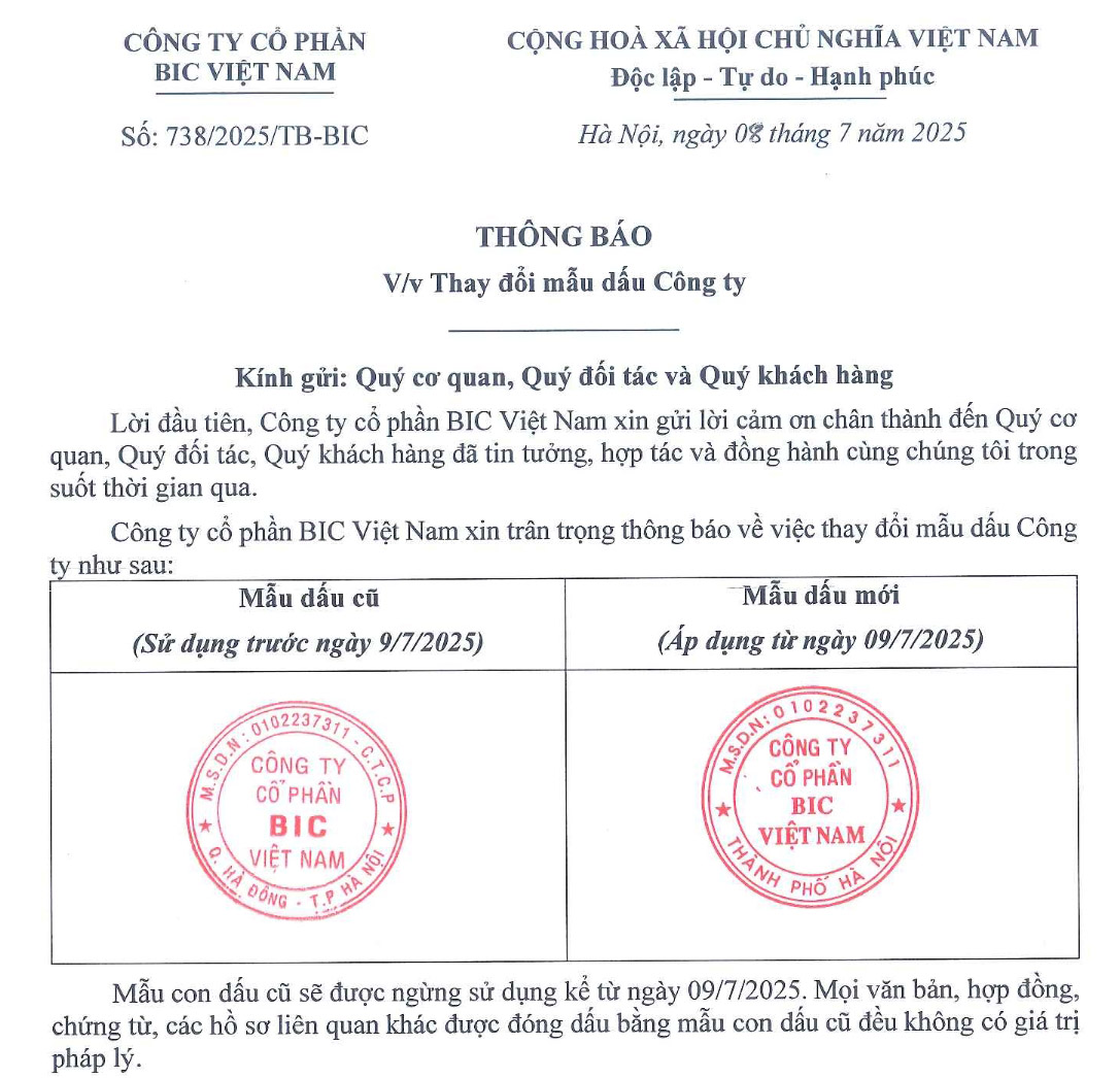 Thông báo thay đổi mẫu dấu Công ty