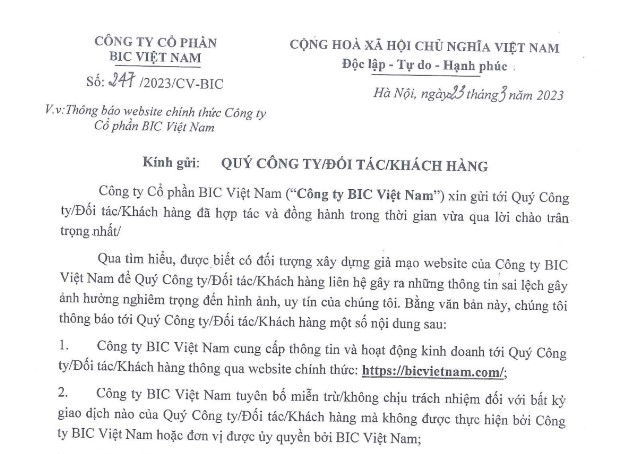 Thông báo Website chính thức Công ty Cổ phần BIC Việt Nam